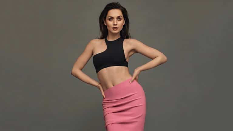 Ana de Armas: No footwear visible. Wears an asymmetrical black top and a fitted skirt&hellip;