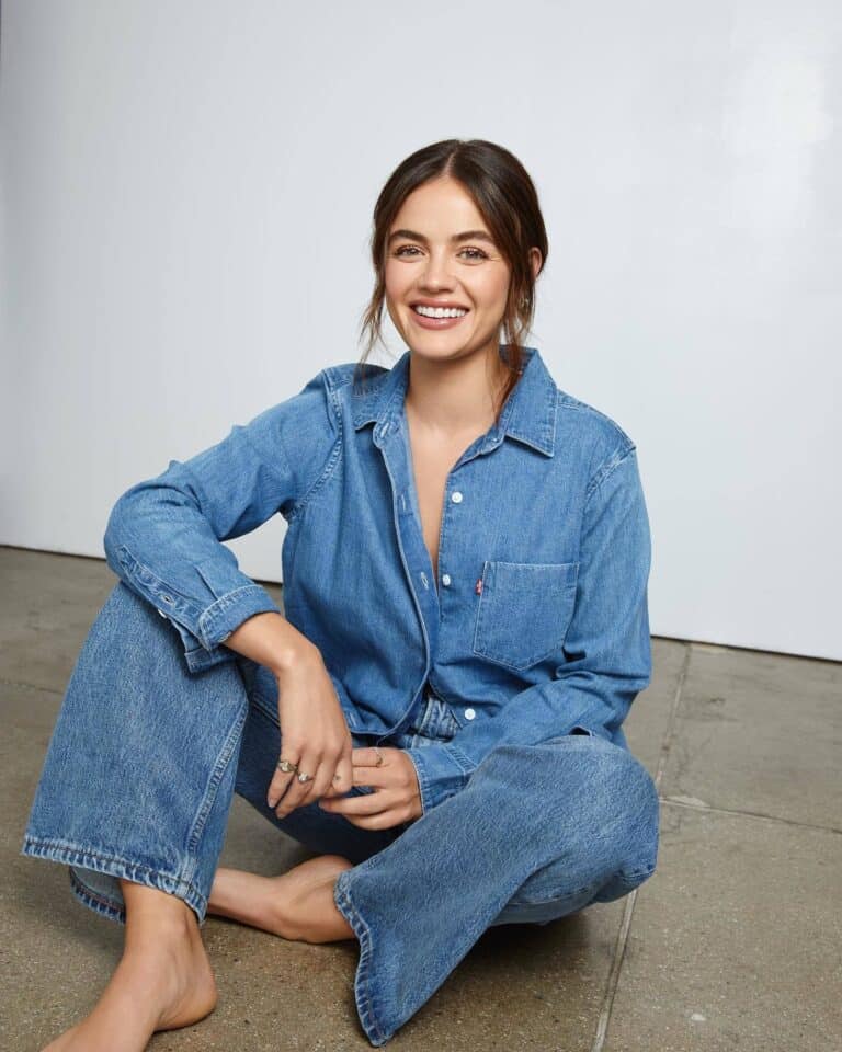 Lucy Hale: Wears a denim set including a button-up shirt and pants…