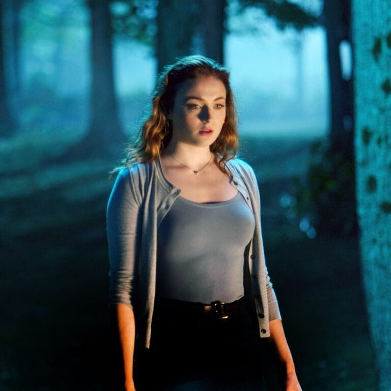 Sophie Turner: Cabello castaño y suelto, viste una camiseta gris sin mangas y un cárdigan gris…