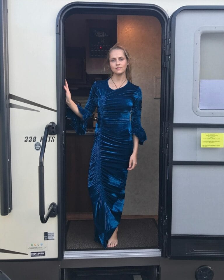 Teresa Palmer: In a long blue velvet dress with gathers and bell sleeves, poses…