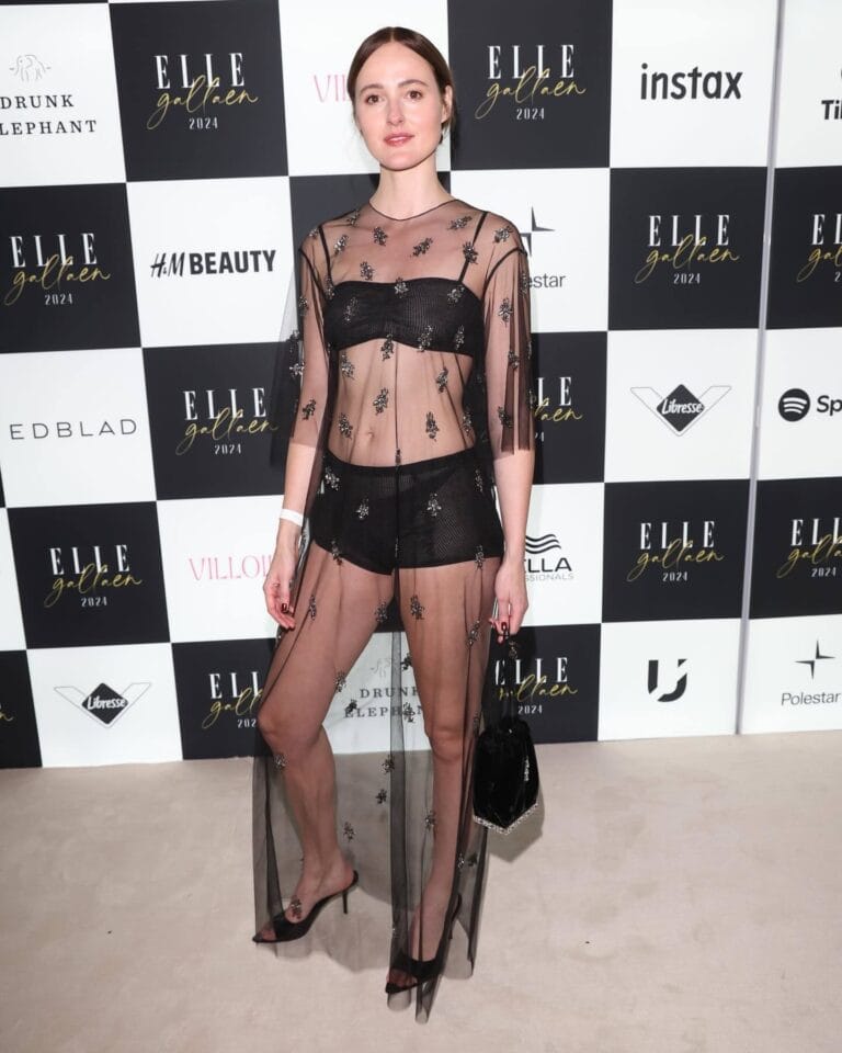 Renate Reinsve: Wears a sheer black dress with embroidered details, revealing matching black lingerie.…