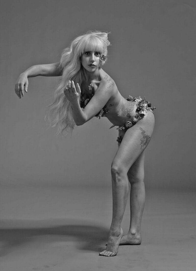 Lady Gaga: Long wavy blonde hair with a floral headpiece. Wearing a minimalist outfit…