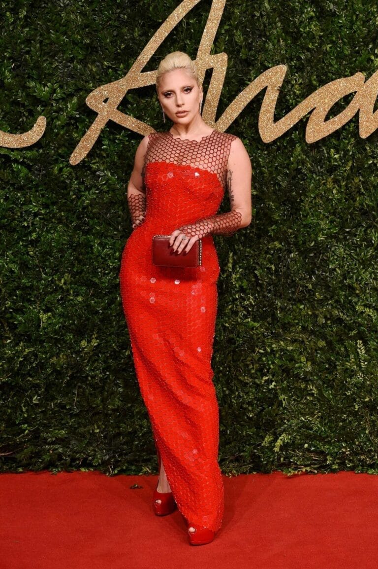 Lady Gaga: Long red dress with sheer, shimmering details, paired with matching mesh gloves...