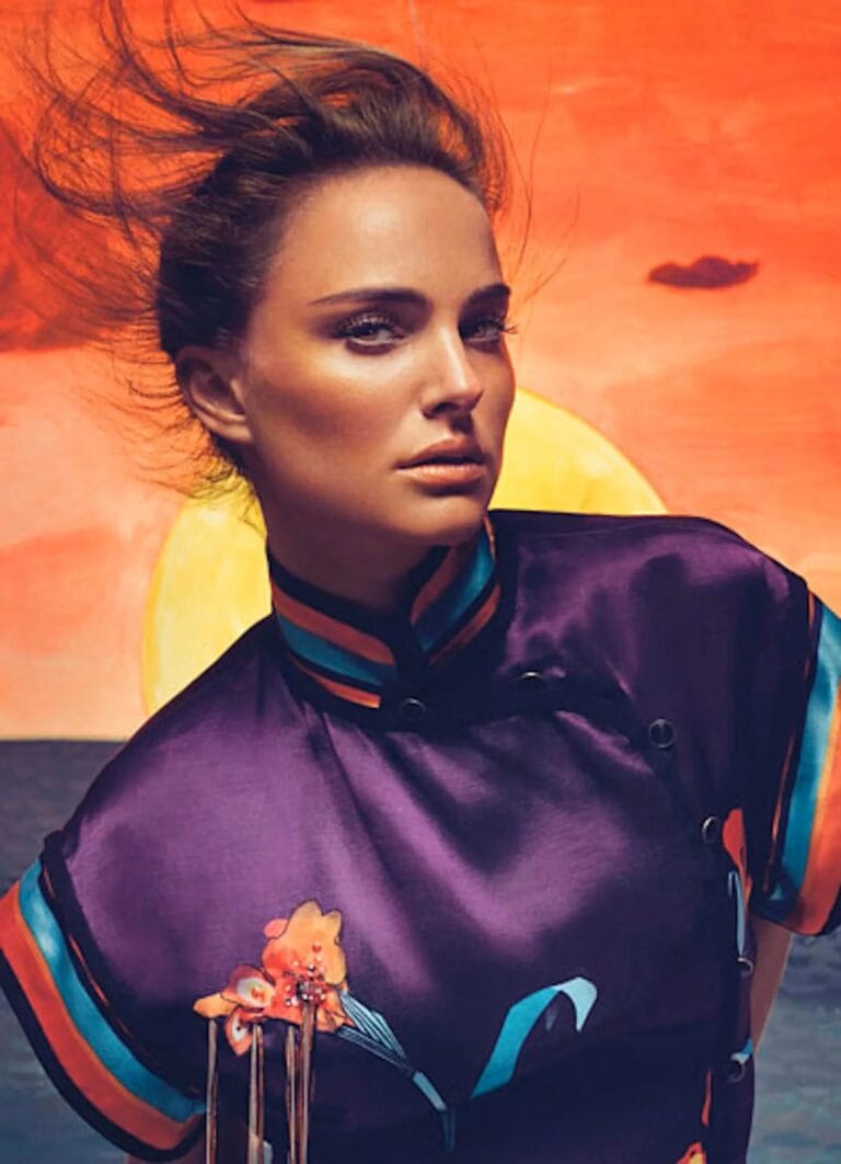 Natalie Portman: Wears a purple silk blouse with colorful details and delicate floral embroidery,…