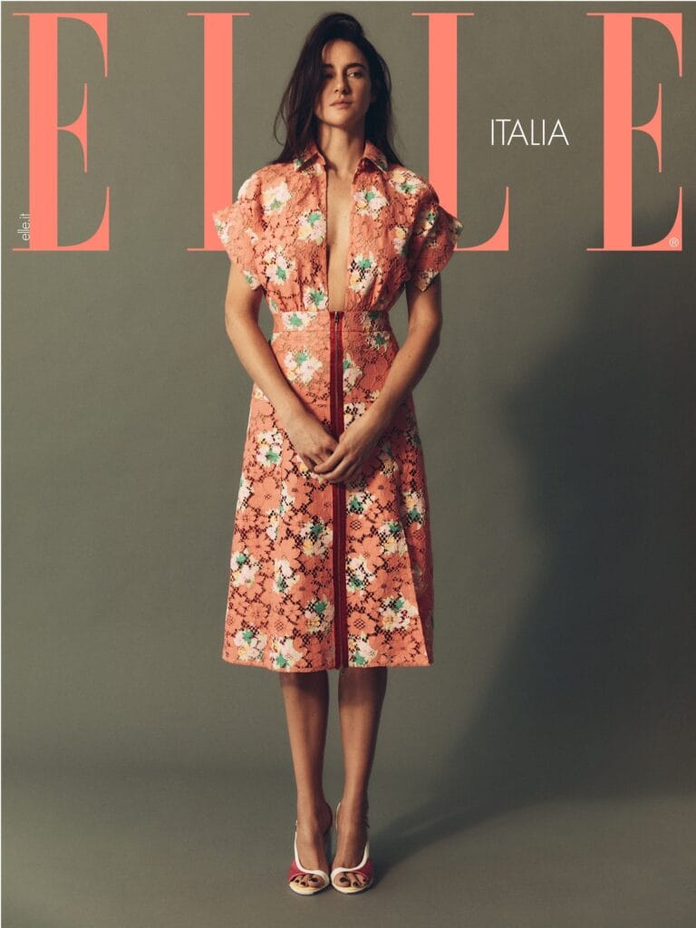 Shailene Woodley: Wears a long coral lace dress with floral prints, with a…