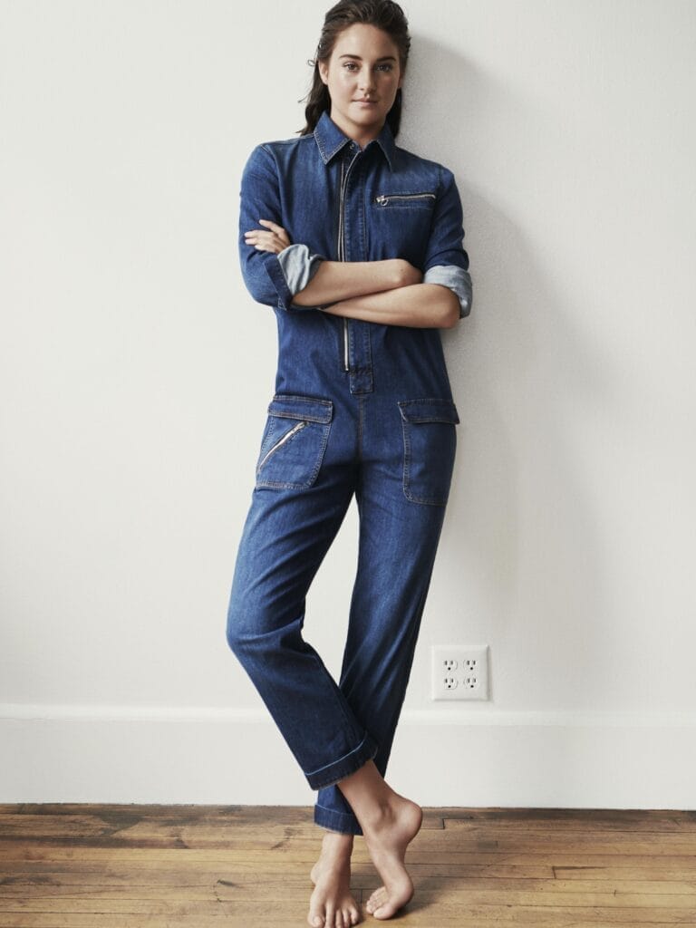 Shailene Woodley: Wears a blue denim overall with rolled-up sleeves and zipper details…