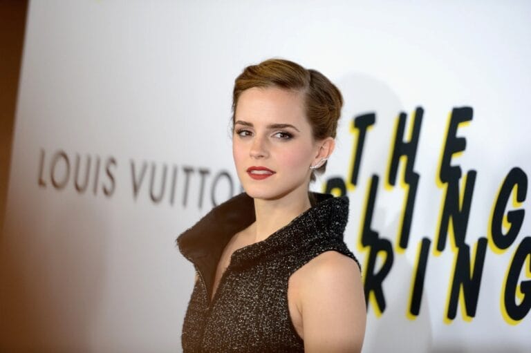 Emma Watson: Wears a structured dress in dark tones, with a high neck that…