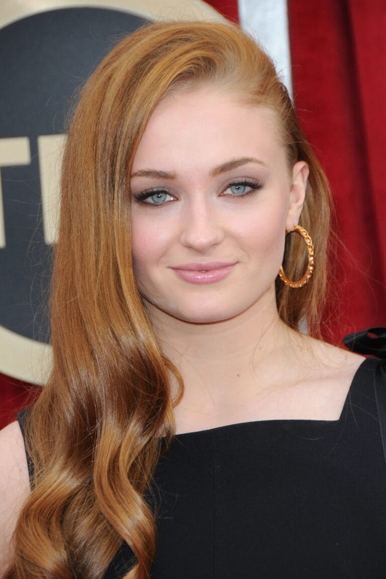 Sophie Turner: Wears a simple black dress that highlights her elegance, paired with large…