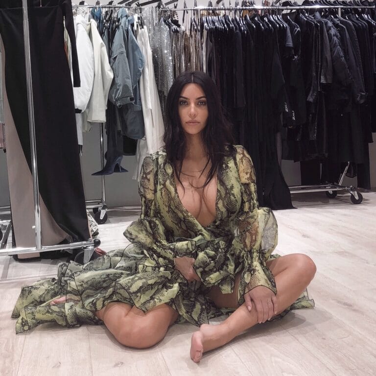 Kim Kardashian: Wears a sheer dress with a snakeskin print that highlights her figure with a…