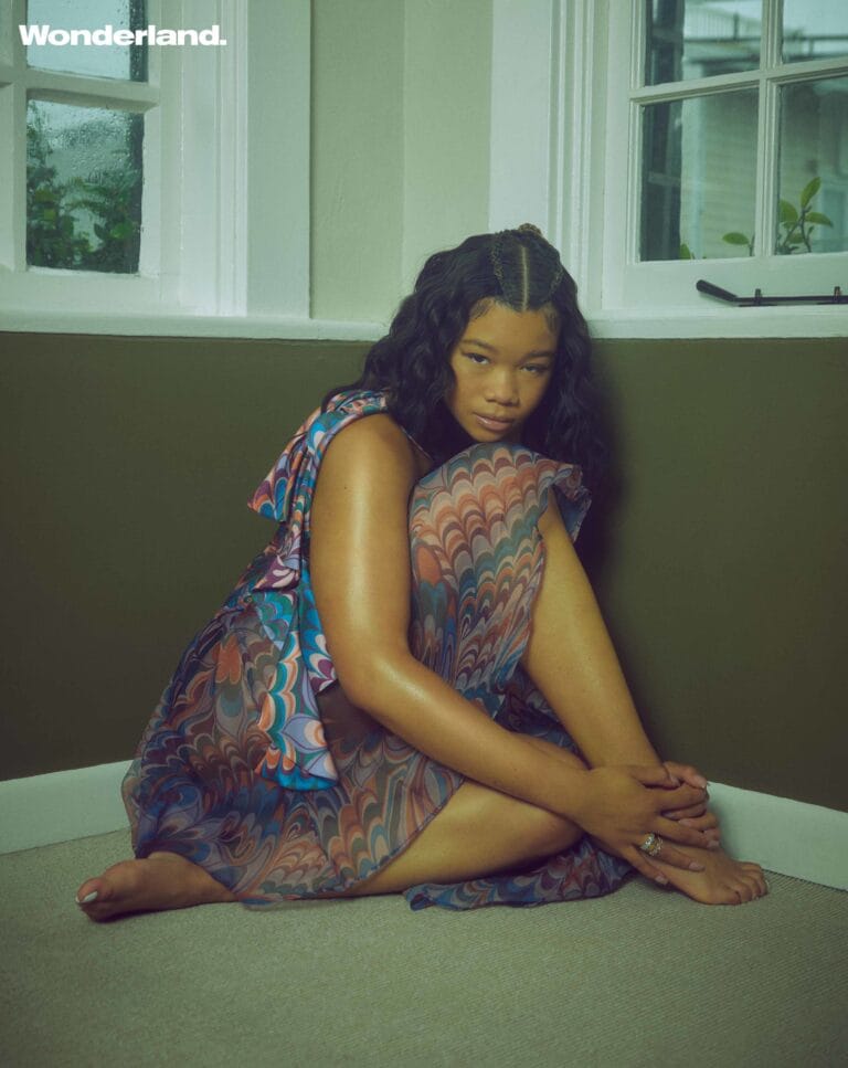 Storm Reid: Rocks a long, flowy dress with a wave pattern in blue…
