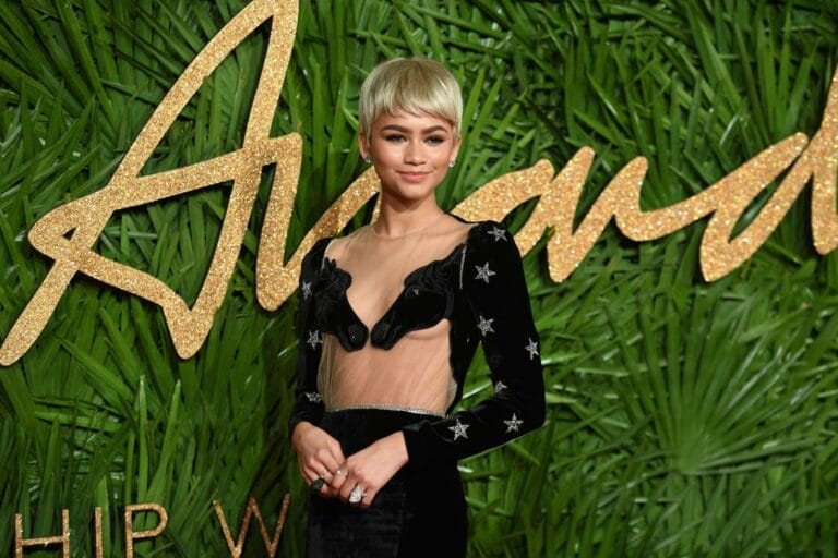 Zendaya: Wears a black velvet dress with a daring sheer neckline and details of…