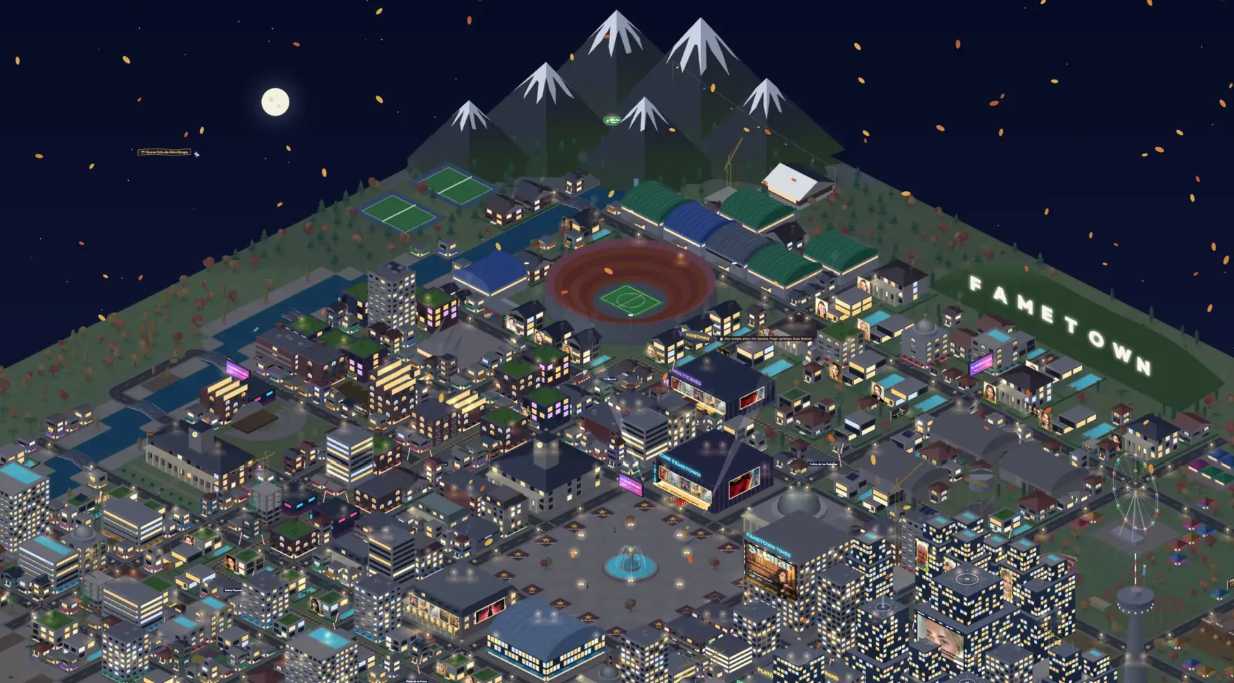 Fametown City de noche: estadio, cines, rascacielos y el cartel de Fametown en la colina