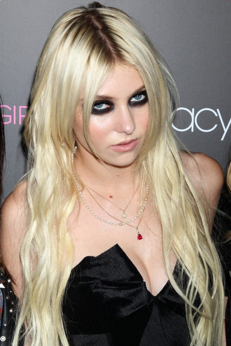 Taylor Momsen: Wears a fitted black dress with a deep neckline that highlights her…