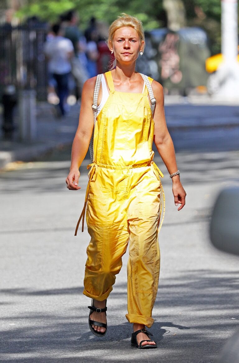 Claire Danes: Walks confidently down the street in a bright yellow overall that stands out under…