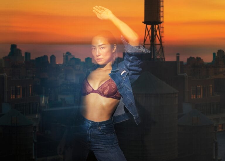 Greta Lee: Wears a burgundy lace bra and skinny jeans, complemented with…