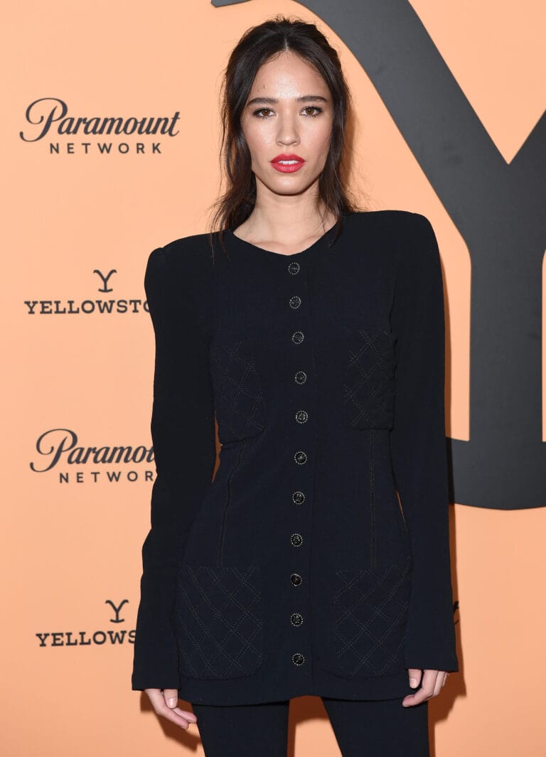 Kelsey Asbille: Wears a black outfit with elegant lines, including a button-front jacket that stands out…