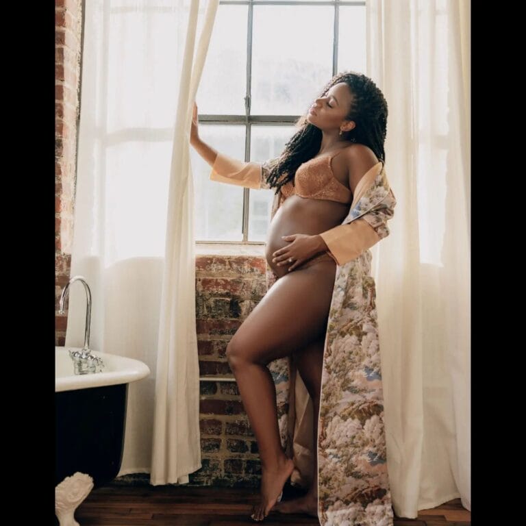 Teyonah Parris: Wears a gold bra and a floral kimono that gently opens, leaving the…