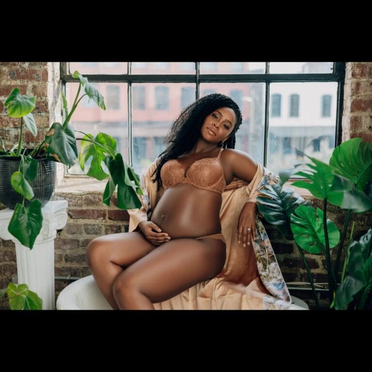 Teyonah Parris: Wears a brown lingerie set that highlights her figure while leaning…