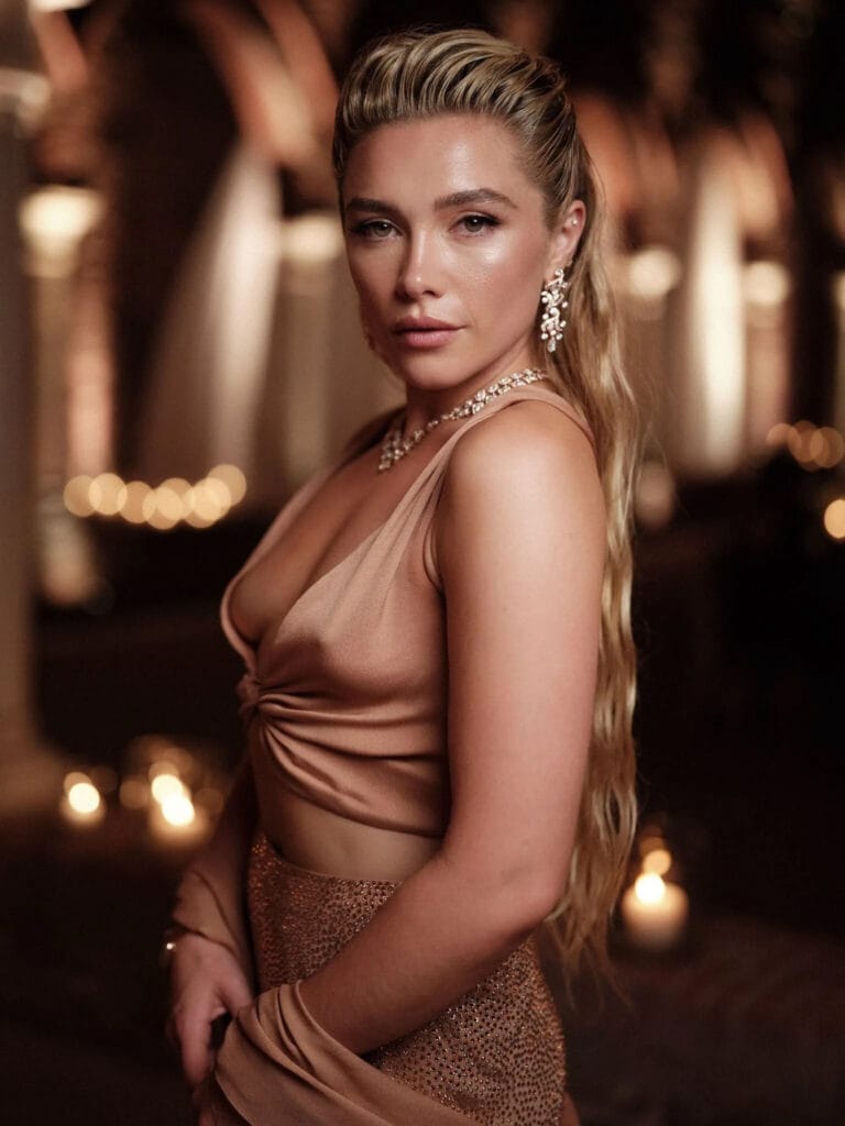 Florence Pugh: Luce un top de satén nude con un escote pronunciado y una falda brillante…