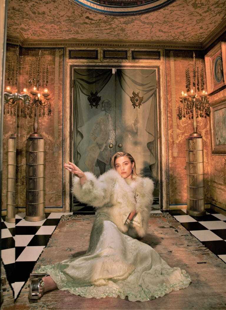 Florence Pugh: Wears a long light green silk dress with shimmering details, complemented by a…