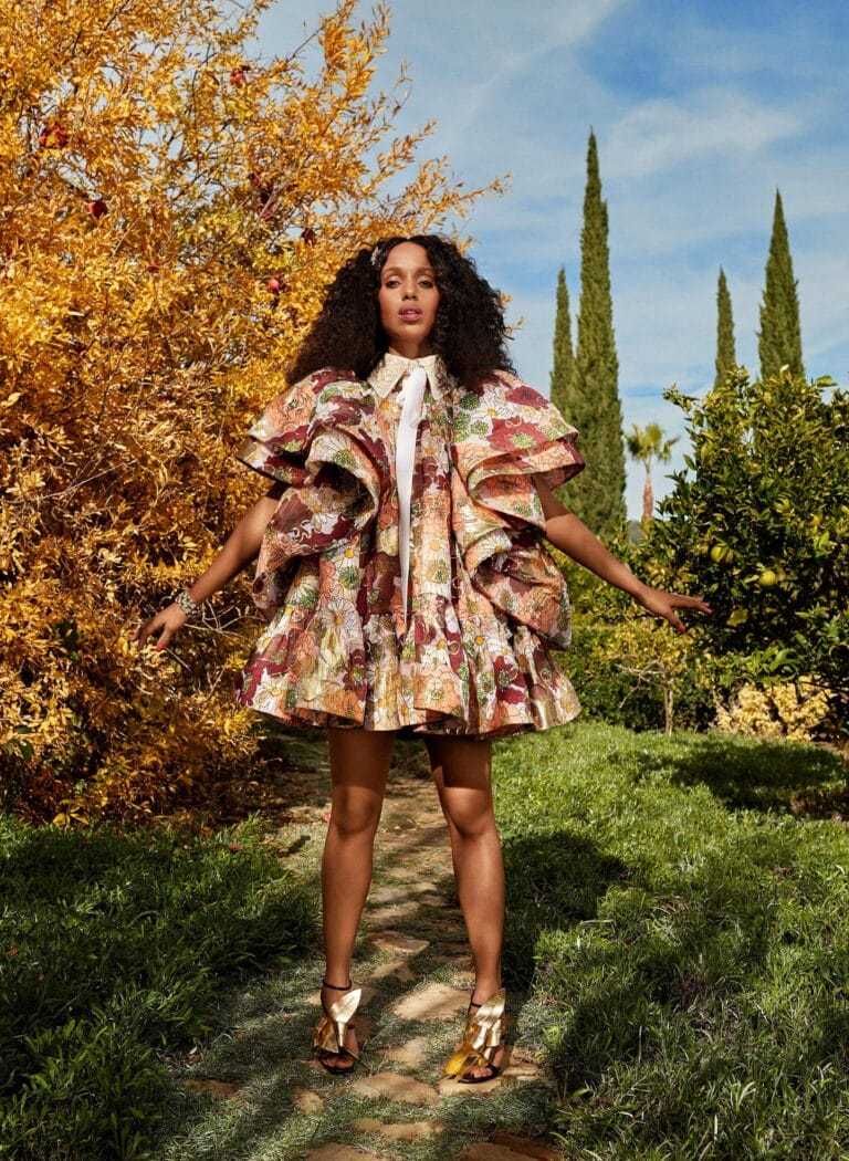 Kerry Washington: Rocks a short, voluminous dress with a vibrant floral print, paired with a…