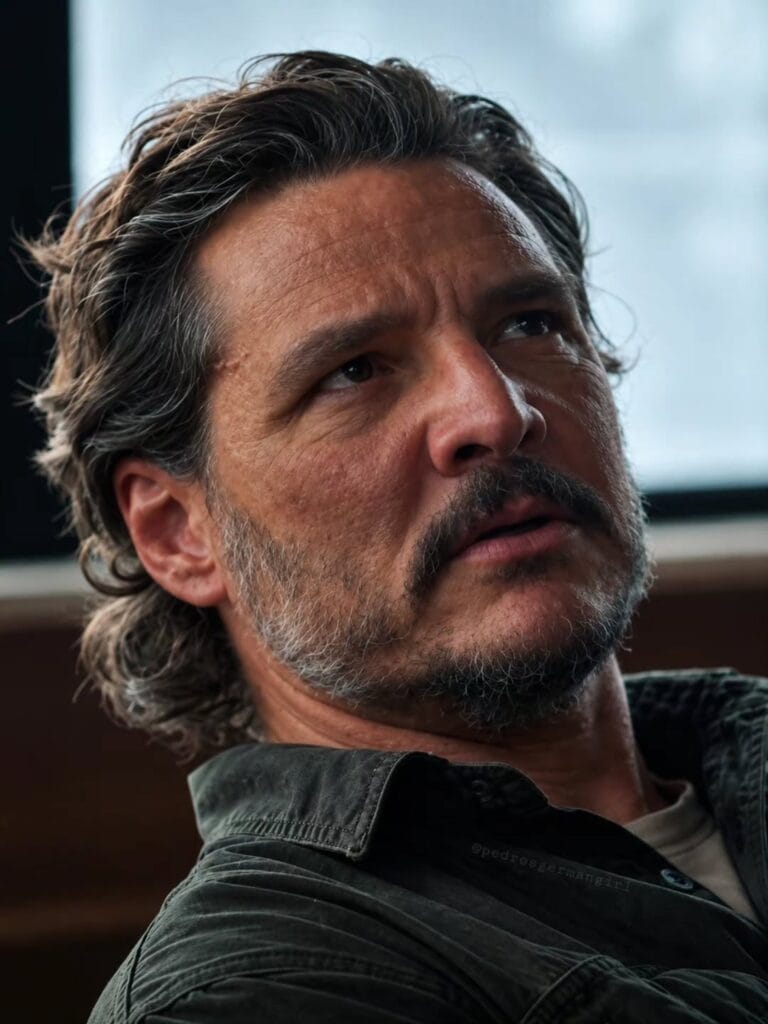 Pedro Pascal: Luce una camisa oscura con un corte moderno, mientras se reclina de manera relajada,…