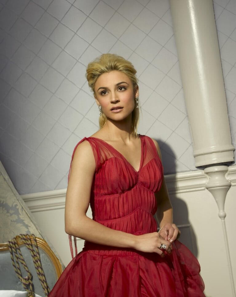 Samaire Armstrong: Luce un vestido rojo de corte princesa, con detalles de tul y pliegues que…