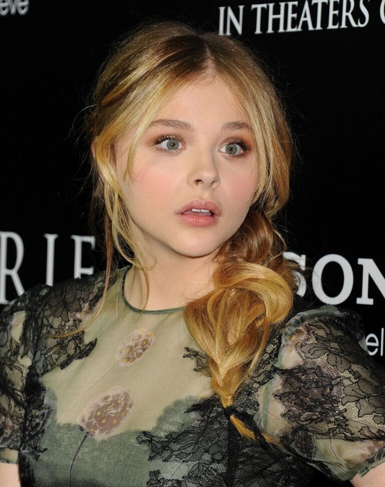 Chloë Grace Moretz: Wears a sheer dress with black lace details and floral prints in…